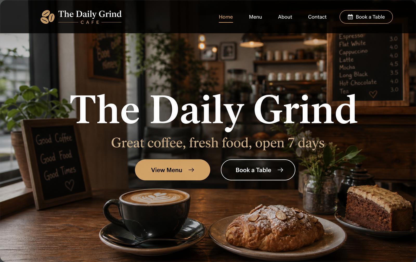 The Daily Grind Cafe website example built by LocalSitePro
