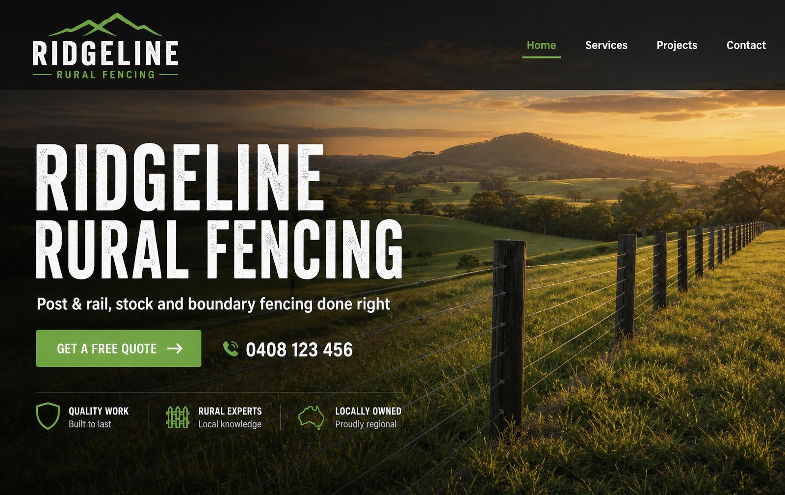 Ridgeline Rural Fencing website example built by LocalSitePro